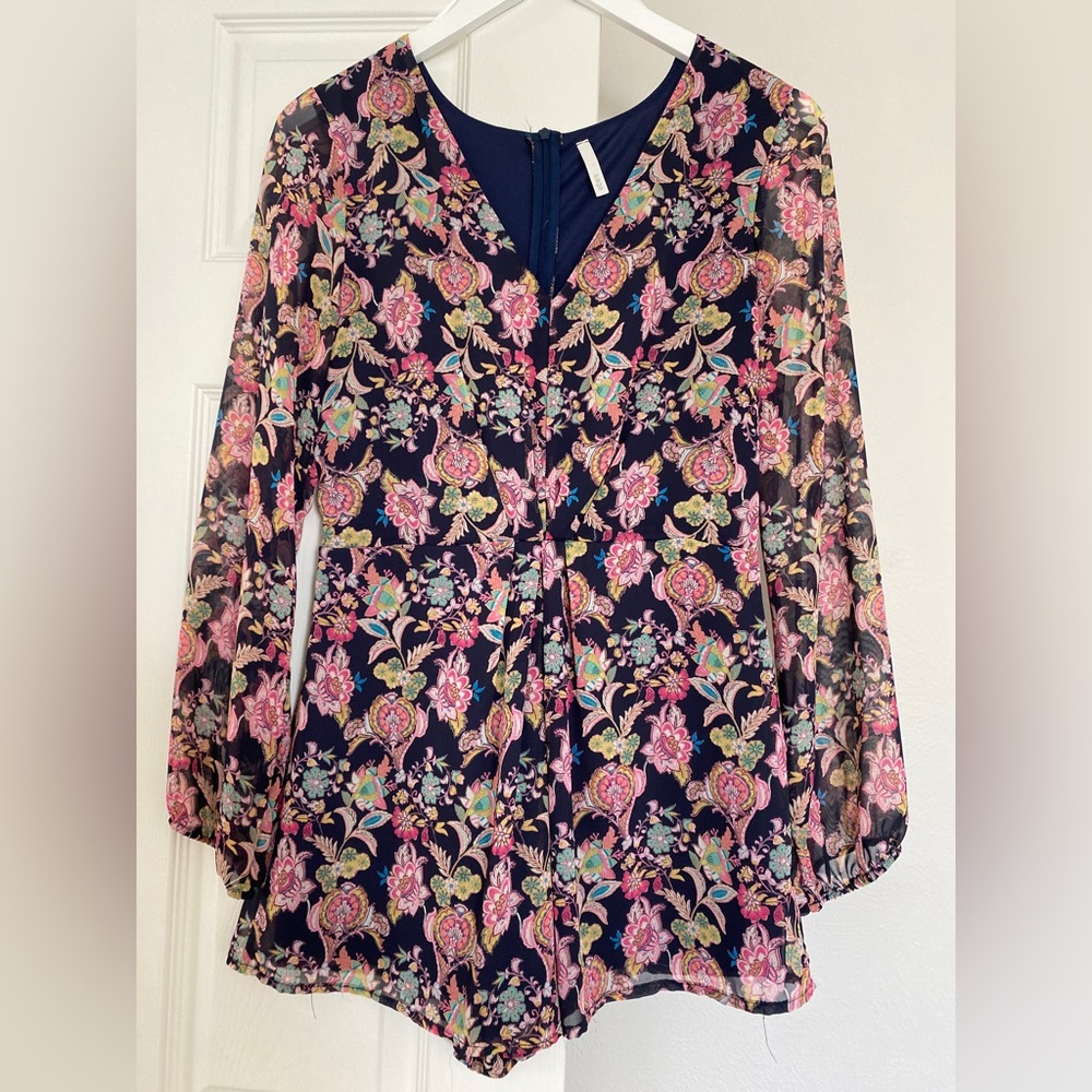 Blue Floral Long Sleeve Romper